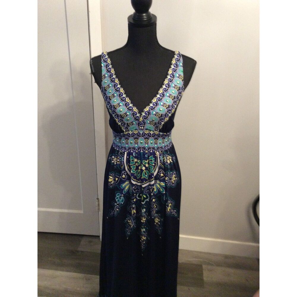 Inc International Sleeveless V Neck Maxi Dress Blue Smocked Bling Small S